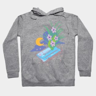 Pop Art Floral Cassette Tape with Moon and Clouds Hoodie